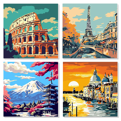 4 Pack Framed Paint by Numbers Kit for Adults – 8x8in Canvas Wall Art Set – Pre-Stretched Wooden Frame, Full Paint Set with Brushes & Velcro – DIY Number Painting for Home Décor, Gifts, Relaxation