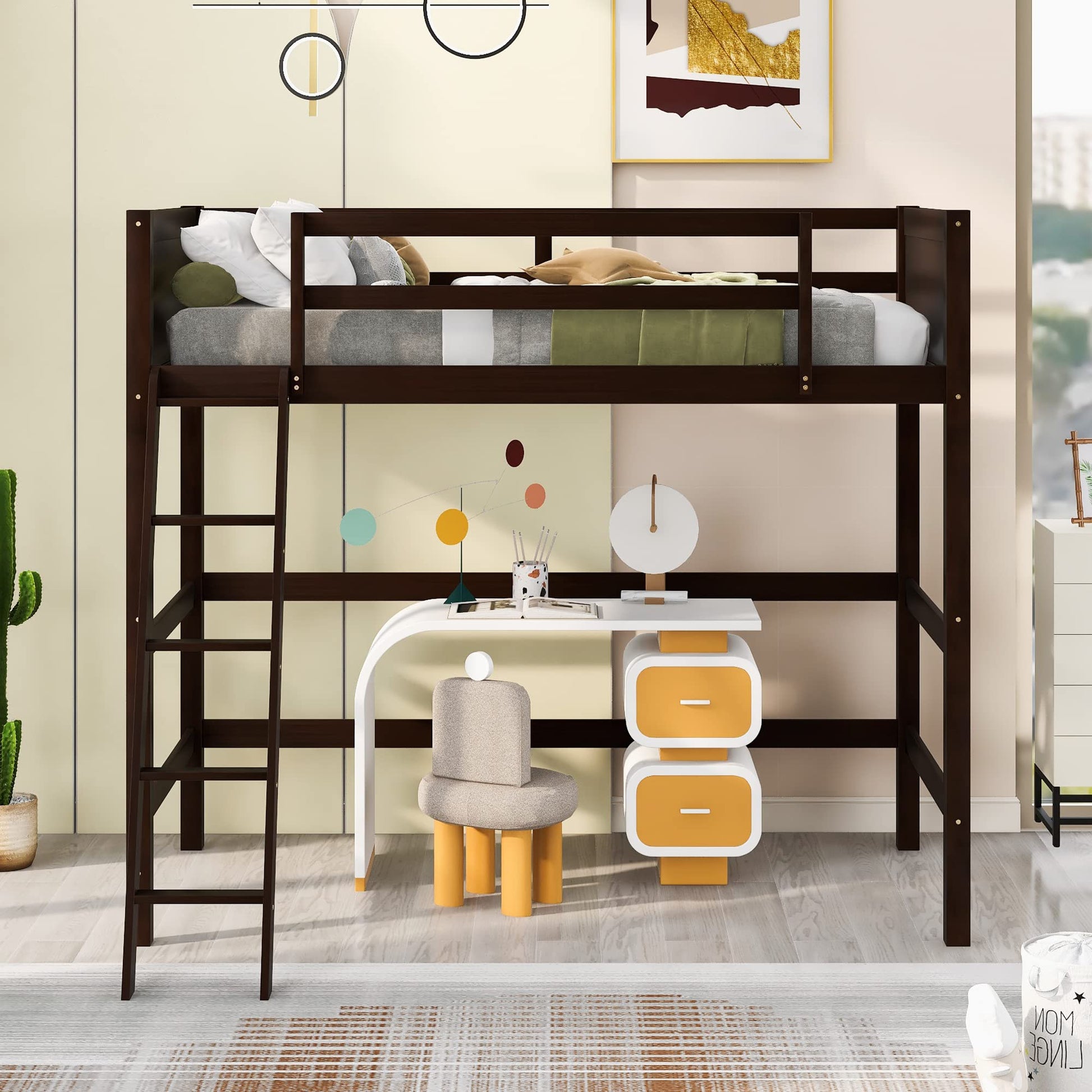 Espresso Solid Wood Twin Loft Bed with Ladder and Safety Guardrail - WoodArtSupply