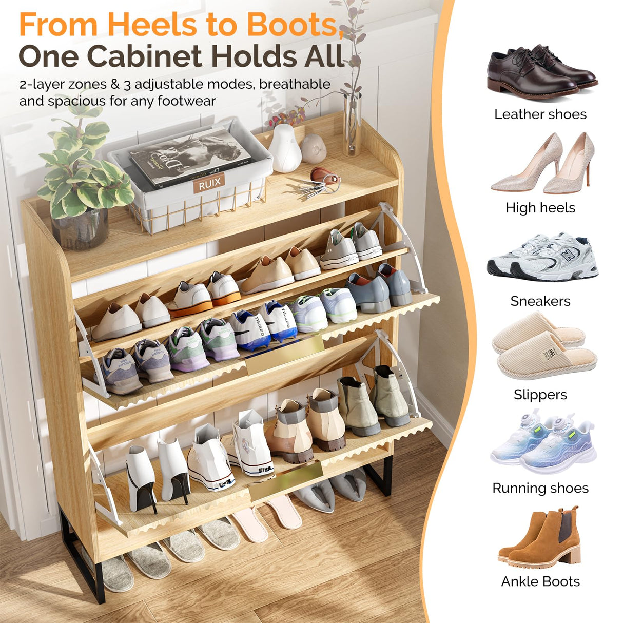 VINGLI Fluted Shoe Cabinet Storage for Entryway,Hidden Shoes Storage Cabinet with 2 Flip Drawers, Mid Century Modern Shoe Rack Organizer,Free Standing Shoes Organizer for Hallway(Natural Oak) VINGLI