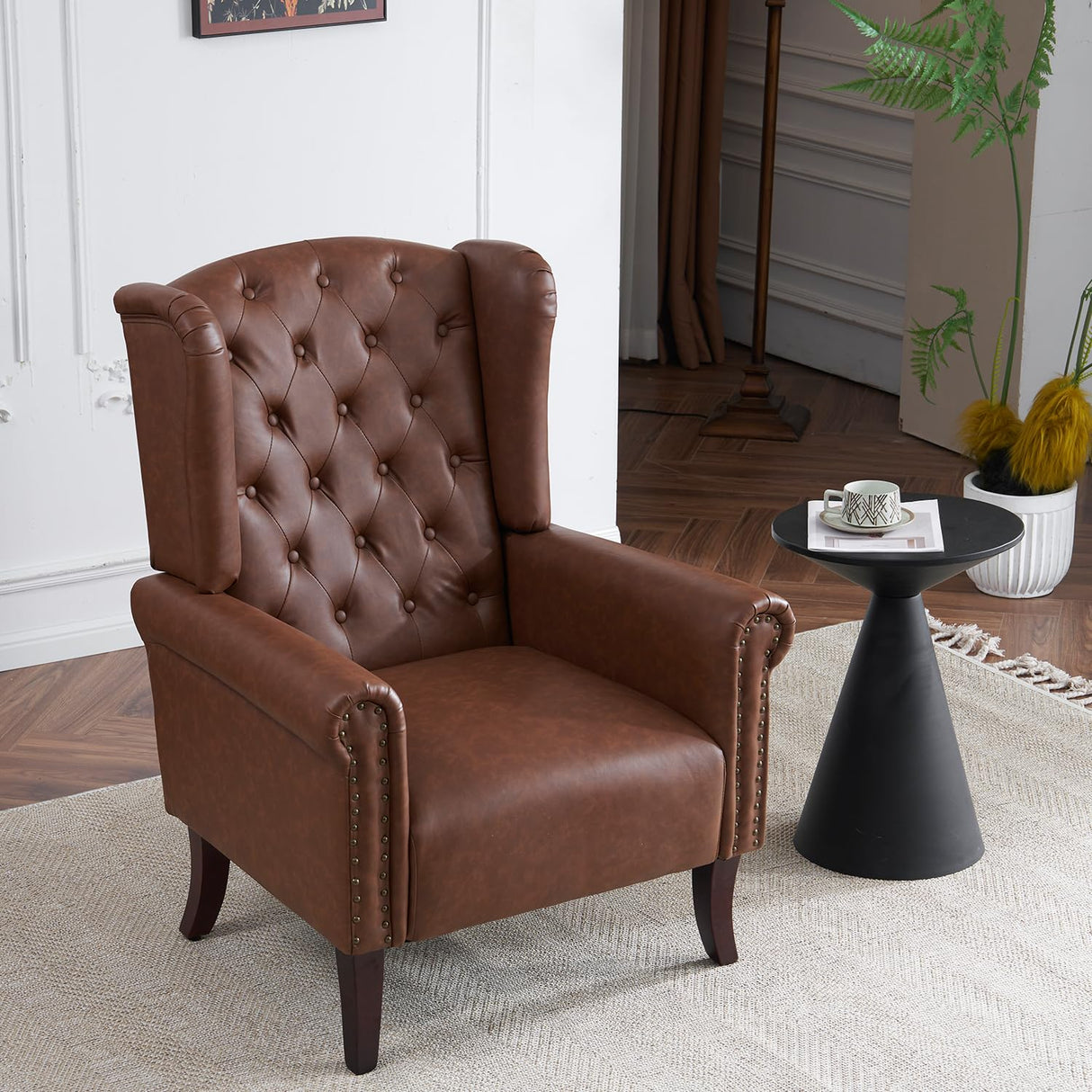 MOJAY Mid-Century PU Leather Accent Chair, Living Room Lounge Sofa Chair with Buttons, Single Club Armchair with Rivet Trim for Bedroom Home Reception (Brown) MOJAY