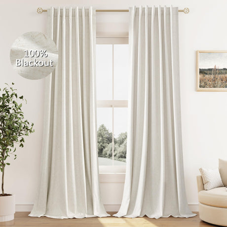 Guken Cream Linen Blackout Curtains 84 Inch Length 2 Panels Set for Living Room Bedroom Back Tab Thermal Insulated 100% Black Out Linen Drapes Room Darkening Window Curtains Ivory Natural Guken