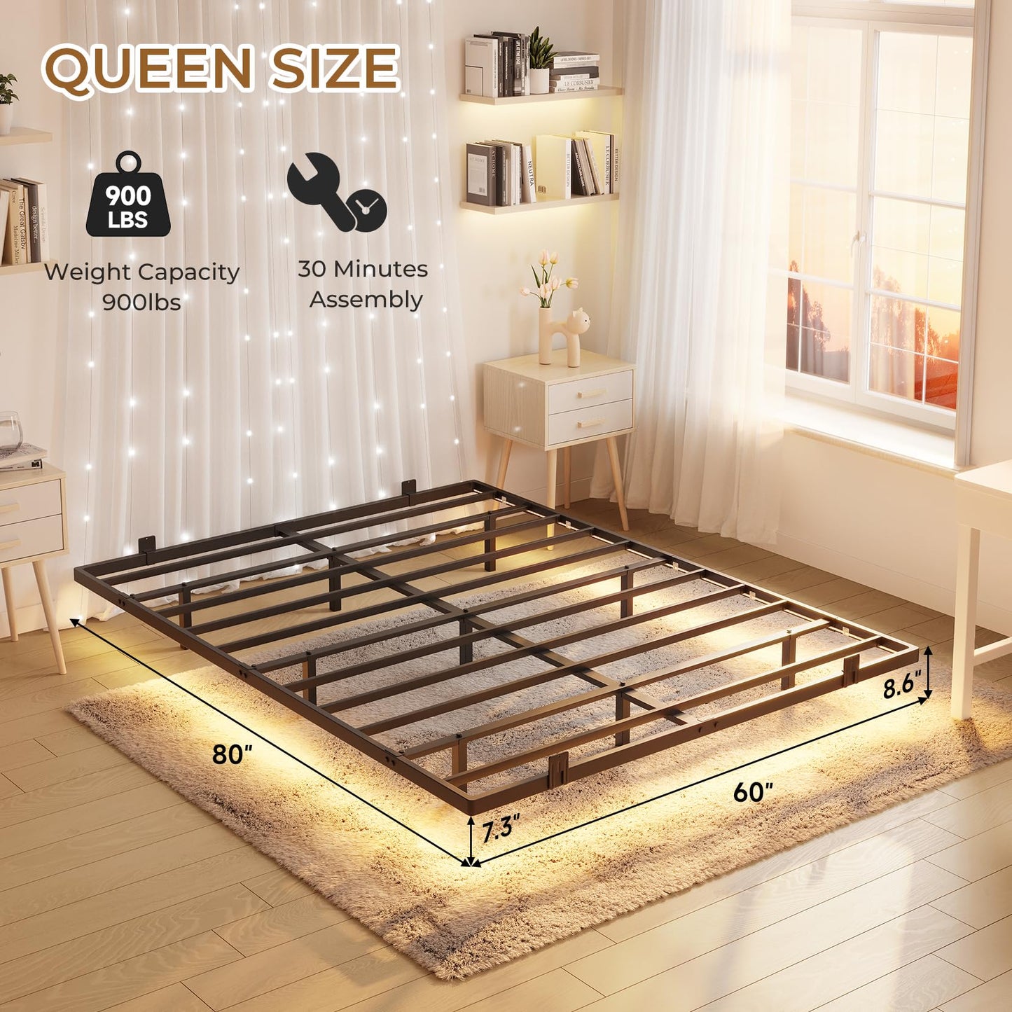 Koorlian Queen Size Floating Bed Frame with RGB LED Lights and Anti-Slip Mattress Stoppers - WoodArtSupply