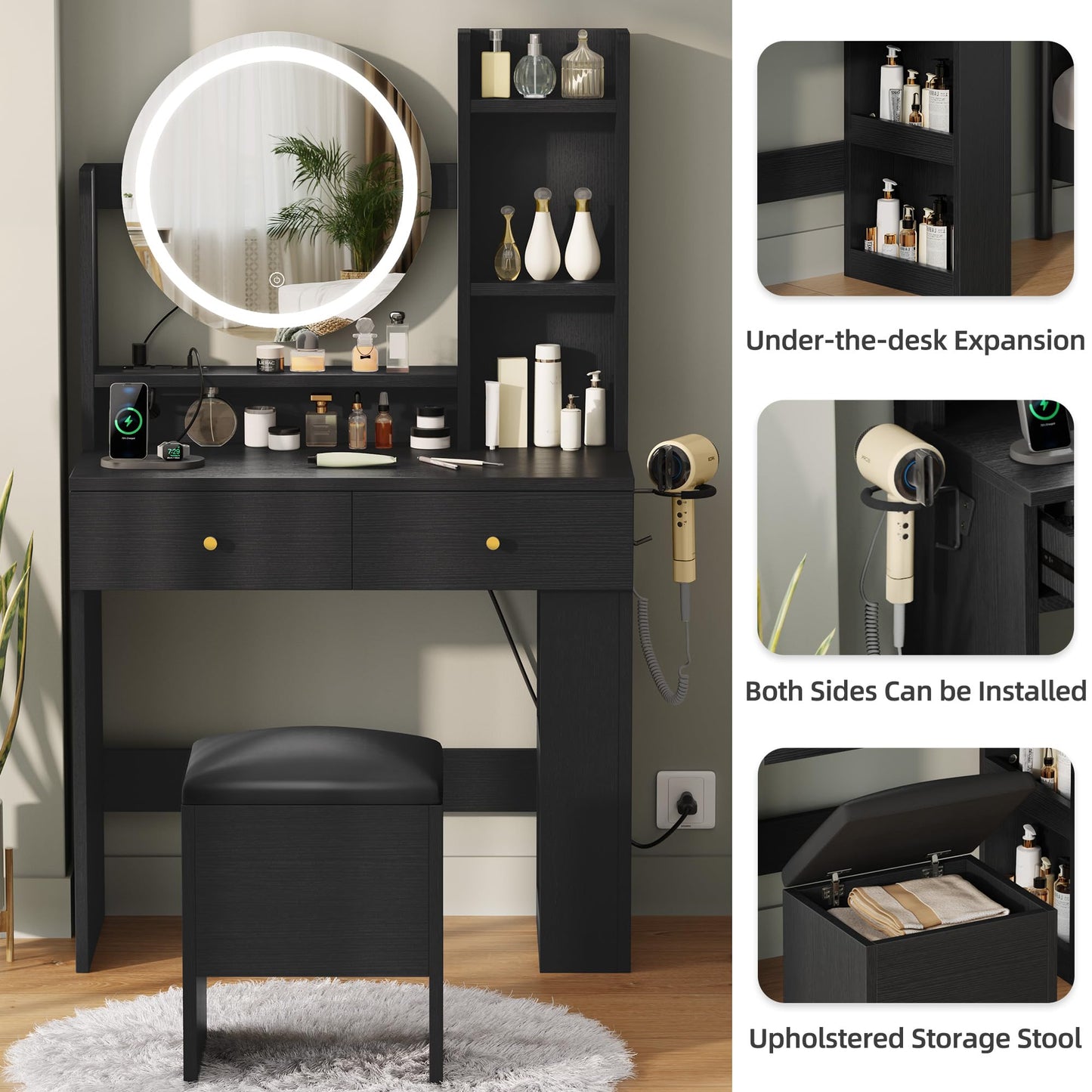 YITAHOME Makeup Vanity Desk with Mirror and Lights, Vanity Table Set with Power Outlets, Storage Drawer, Chair and 3 Shelves, Bedroom, Dark Black