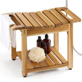 LotusSway Teak Shower Bench Seat with Storage Shelf, Wood Shower Benches for Inside Shower to Sit on, Teak Shower Stool & Spa for Elderly with Shower Head Holder & Built in Handle for Bathroom/Outdoor LotusSway