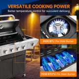 YIORTWO 4 Burner Propane Gas Grill with Side Burner, Stainless Steel BBQ Grill 48,500 BTU for Outdoor Cooking Kitchen, Garden and Patio Backyard Barbecue, Black and Silver YIORTWO