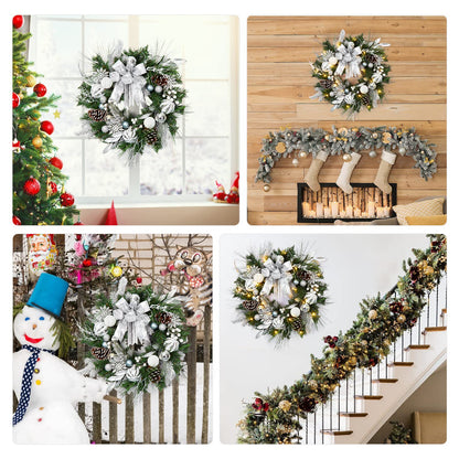 FairyLee Christmas Wreath for Front Door, 24 Inch Outdoor Christmas Wreath, Battery Operated Xmas Wreath with Silver White Ball Ornaments Bows and 20 LED Lights for Home Holiday Decor