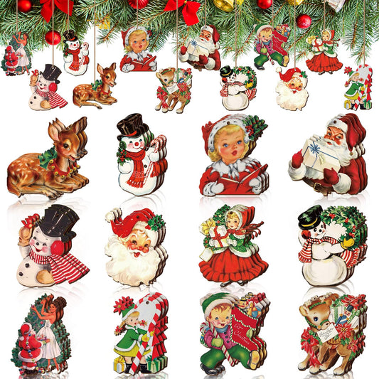 Huwena 36 Pcs Vintage Christmas Ornaments Wooden Christmas Tree Ornaments Snowman Snowflake Santa Wood Cutouts Rustic Farmhouse Christmas Tree Decorations for Home Xmas Winter Party (Classic)