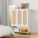QEIUZON Wardrobe Closet, Rattan Freestanding Wardrobe Cabinet with Storage Cubes & Hanging Rod, Bedroom Armoire, 3-Doors-White QEIUZON