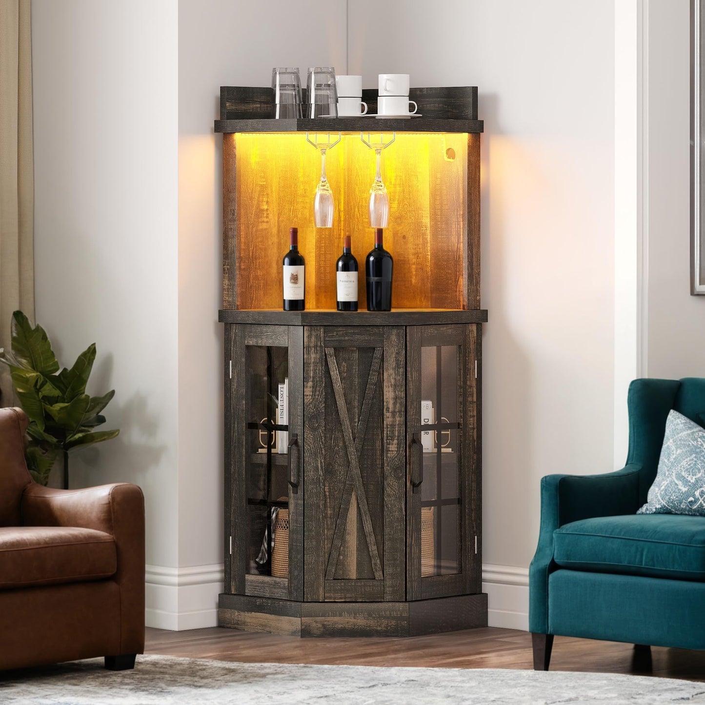 YITAHOME 53" Farmhouse Corner Wine Bar Cabinet 4-Tiers Liquor Cabinets with LED Lights and Glass Door and Glass Holder for Home Kitchen and Living Room, Dark Rustic Oak