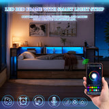 Full Size Corner Bed Frame with LED Lights, Bookcase Headboard, 2 Storage Drawers, Charging Station & Reversible Hutch Desk – Modern Metal Daybed for Bedroom, Guest Room or Living Room, Brown (Full) TTK