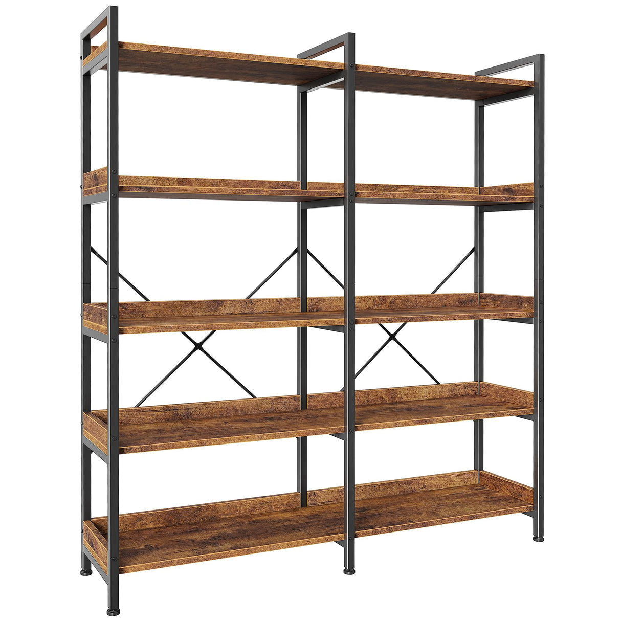 Huuger 5 Tier Bookshelf, Display Bookshelf with 10 Open Shelves and Raised Baffle, 47.2 Inch Straight Wide Bookcase with Metal Frame and Wooden Board, Adjustable Feet, Rustic Brown Huuger