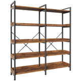 Huuger 5 Tier Bookshelf, Display Bookshelf with 10 Open Shelves and Raised Baffle, 47.2 Inch Straight Wide Bookcase with Metal Frame and Wooden Board, Adjustable Feet, Rustic Brown Huuger