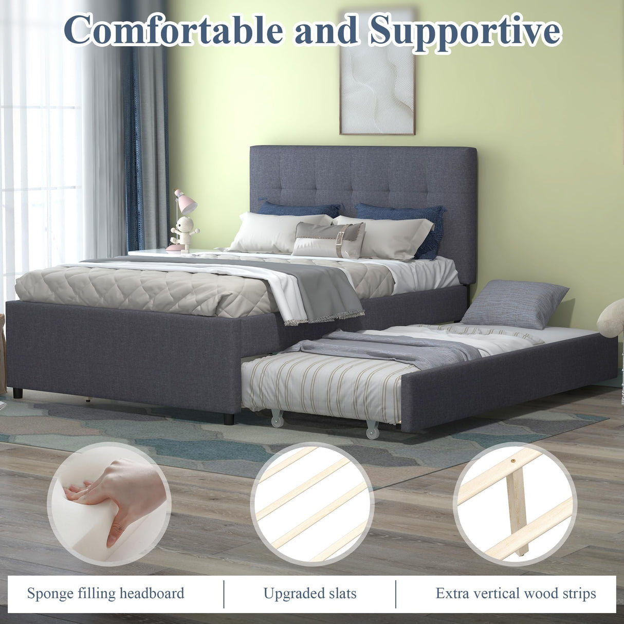 civama Full Bed with Trundle, Upholstered Full Over Twin Pull Out Platform Bed with Soft Linen Headboard & Wooden Slat Support for Bedroom Apartment, No Box Spring Needed, Grey civama