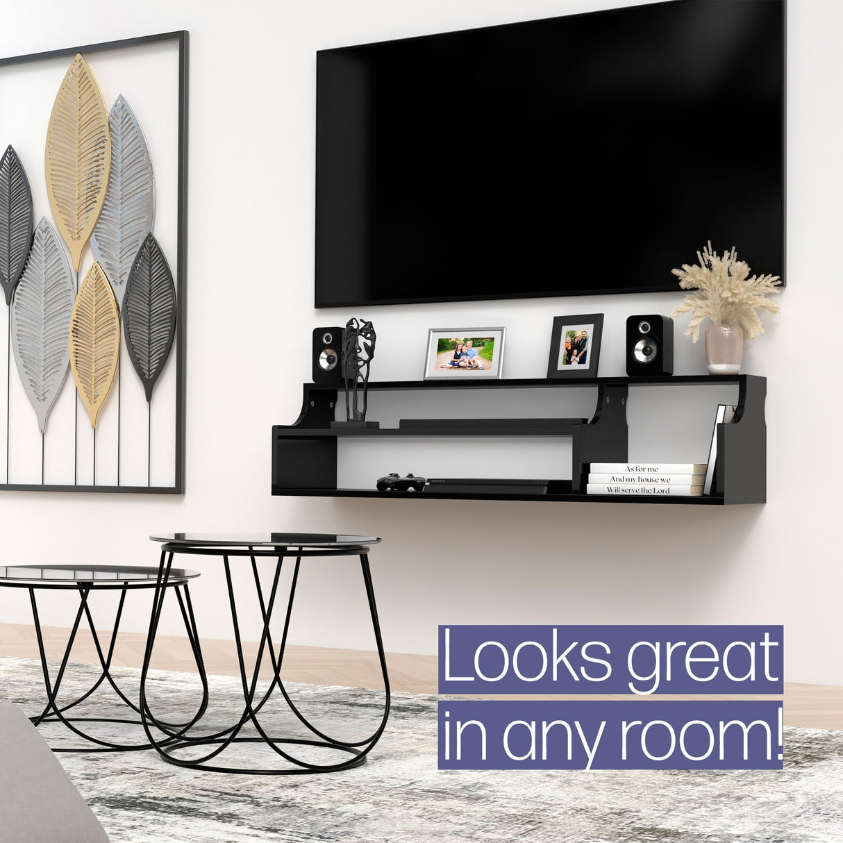 DIZAII Floating TV Stand, 3 Tier Floating Entertainment Center, 43" Floating TV Stand Wall Mounted, Floating TV Shelf, Black Under TV Cabinet, Floating Shelf for Under TV DIZAII