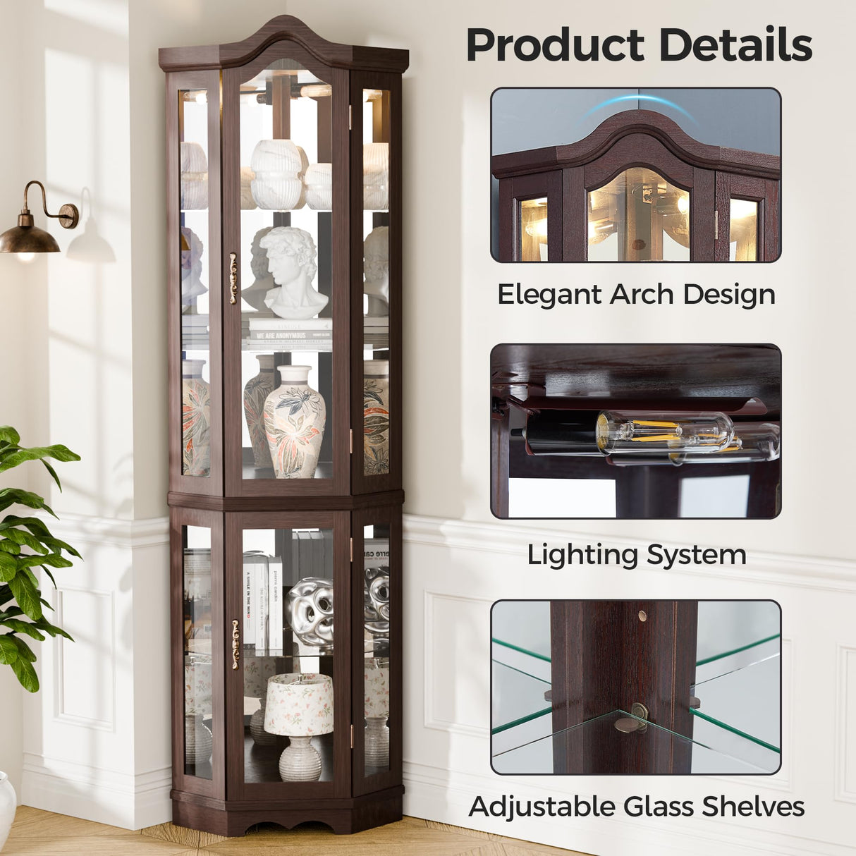 Trygoal 70" H Lighted Corner Curio Cabinet, Curved Wood Corner Cabinet with Tempered Glass Doors, Glass Display Case with Bulb for Living Room, Bedroom, Dark Cherry Trygoal