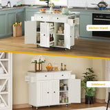DWVO Kitchen Island with Seating, Mobile Kitchen Storage Island with Drop Leaf Countertop, Large Kitchen Island Table with Drawers, Cabinets, Bar Stools, Towel Rack and Spice Rack, White DWVO
