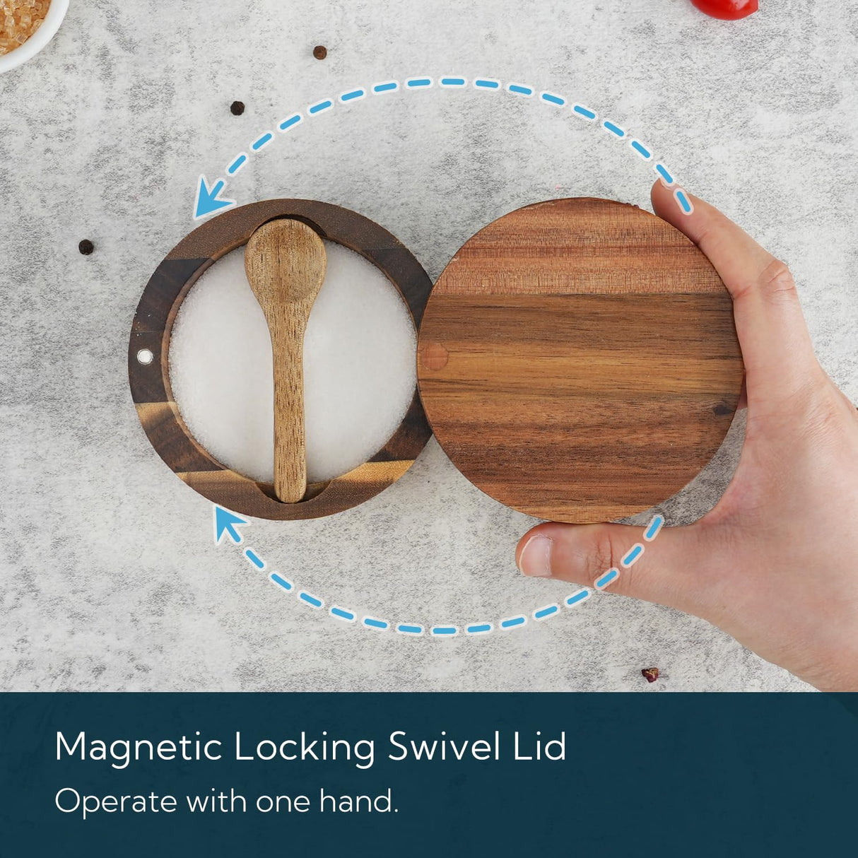 KITCHENDAO Acacia Wood Salt Cellar Bowl Box with Built-in Spoon to avoid Dust, Elegant Kitchen Salt Container Holder with Swivel Magnetic Lid to Storage Pepper Spice Bath Salt Sea Salt, 6OZ KITCHENDAO