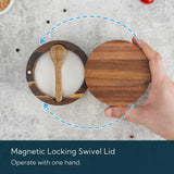 KITCHENDAO Acacia Wood Salt Cellar Bowl Box with Built-in Spoon to avoid Dust, Elegant Kitchen Salt Container Holder with Swivel Magnetic Lid to Storage Pepper Spice Bath Salt Sea Salt, 6OZ KITCHENDAO