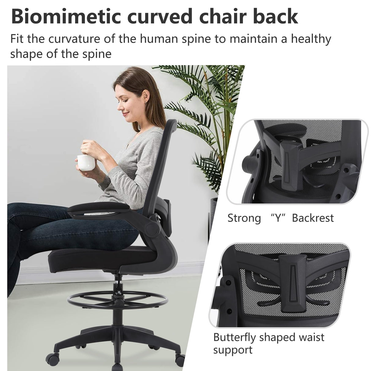 PayLessHere Ergonomic Drafting Chair Tall Office Chair High Adjustable Standing Desk Chair with Lumbar Support Mesh Back Footrest Flip-Up Arms for Office Computer Desk Standing Desk (Black) PayLessHere
