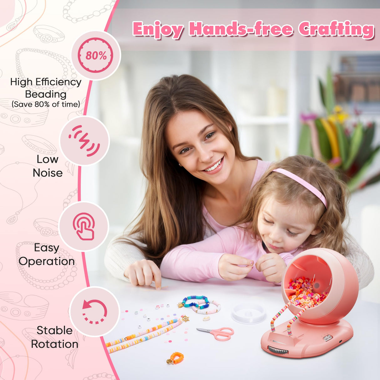ETUDAW Bead Spinner, Rechargeable Electric Clay Bead Spinner Kit for Bracelet Making, Beginner 4500PCS Clay Beads Kit with Dual Needles and Adjustable Speed, Gift for Holidays, Birthdays (Pink) ETUDAW