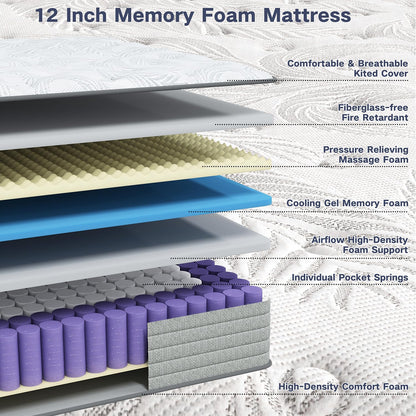 Queen Mattress,12 Inch Hybrid Queen Size Mattress in a Box with Gel Memory Foam,Individually Pocket Springs for Pressure Relief,Motion Isolation,Edge Support,Medium Firm,CertiPUR-US,60"*80"*12"