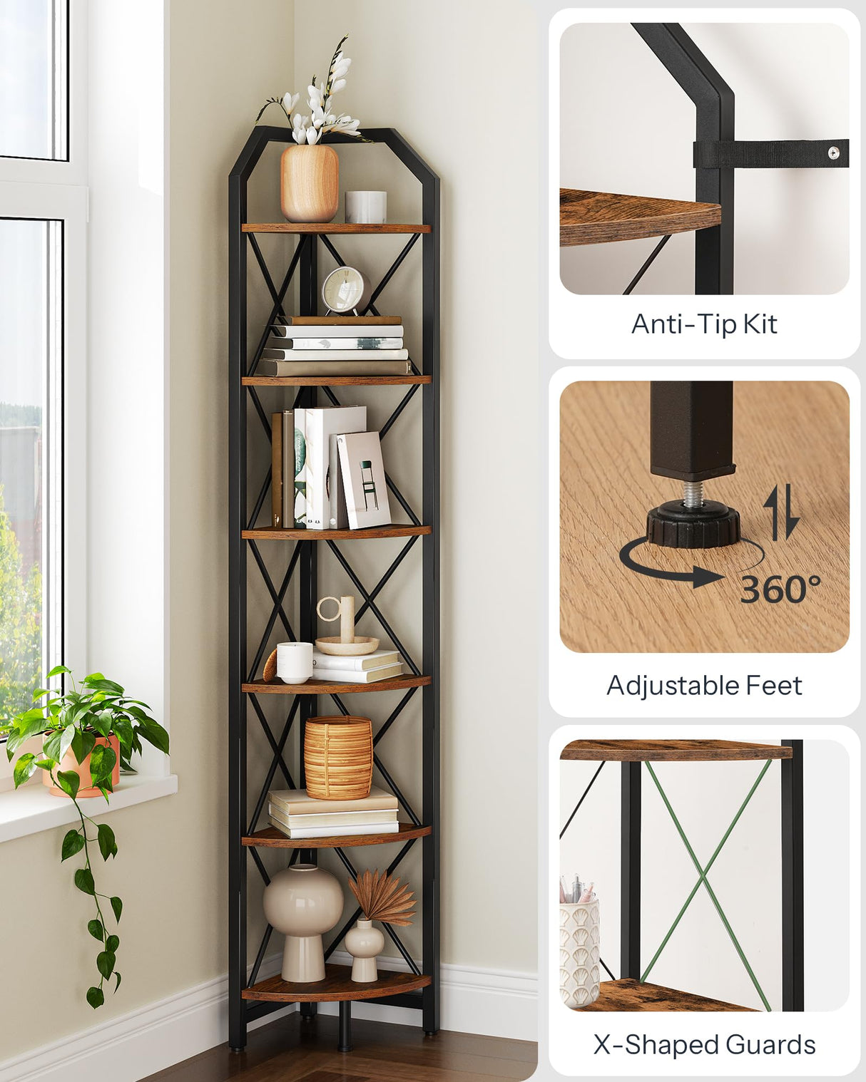 CHOEZON 6-Tier Corner Shelf, Industrial Corner Bookshelf, 71.2" Corner Storage Stand, Plant Stand Display Shelf, Corner Bookcase for Bedroom, Living Room, Home Office, Rustic Brown and Black TCJ11BF CHOEZON