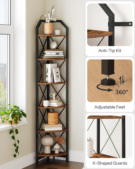CHOEZON 6-Tier Corner Shelf, Industrial Corner Bookshelf, 71.2" Corner Storage Stand, Plant Stand Display Shelf, Corner Bookcase for Bedroom, Living Room, Home Office, Rustic Brown and Black TCJ11BF CHOEZON