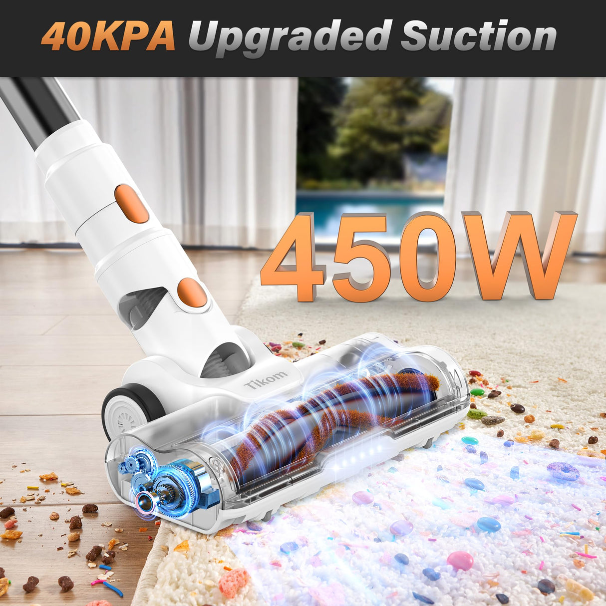 Tikom V500 Cordless Vacuum Cleaner for Home, 40000Pa/450W Stick Vacuum with LED Touch Screen, Charging Wall Dock, Anti-Tangle, Lightweight Handheld Vacuum for Pet Hair, Hard Floor, Carpet Tikom