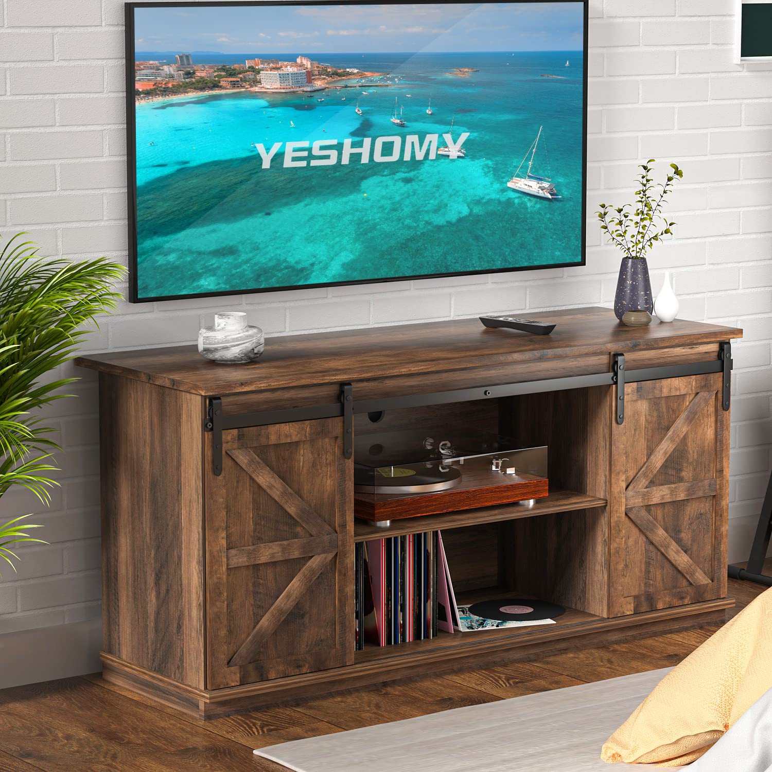 YESHOMY TV Stand for Televisions up to 65 Inchs, with Sliding Barn Doors and Storage Cabinets, Console Table and Media Furniture for Living Room, 58 Inch, Barnwood - WoodArtSupply