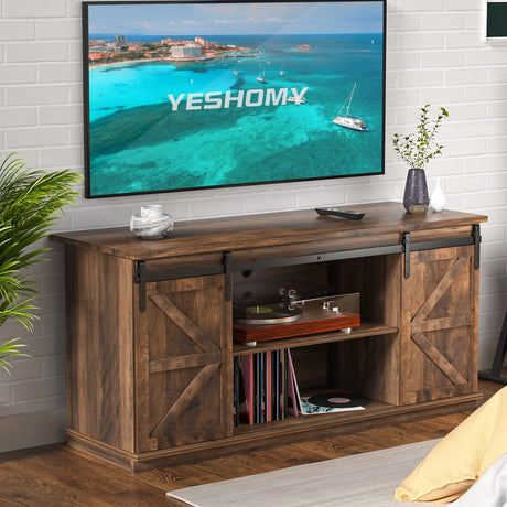 YESHOMY TV Stand for Televisions up to 65 Inchs, with Sliding Barn Doors and Storage Cabinets, Console Table and Media Furniture for Living Room, 58 Inch, Barnwood YESHOMY