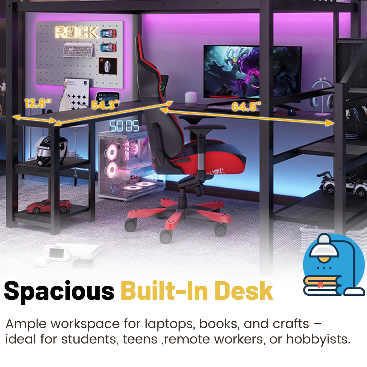 Full Size Loft Bed with Desk,Metal Heavy Duty Full LoftBed with Stairs,Wardrobe and Shelves, High Gaming Loft Beds with LED Light and USB Charging Station for Kids, Teens, Adults, Black Mirightone