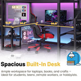 Full Size Loft Bed with Desk,Metal Heavy Duty Full LoftBed with Stairs,Wardrobe and Shelves, High Gaming Loft Beds with LED Light and USB Charging Station for Kids, Teens, Adults, Black Mirightone