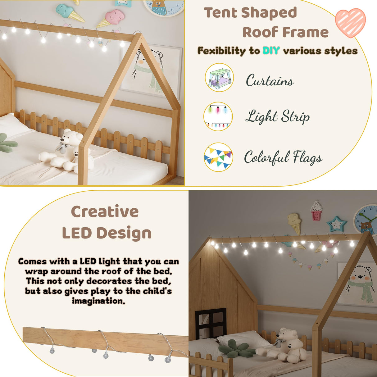 Full Size Floor Bed for Kids: Wood Montessori Bed with Fence & LED Light Full House Bed with Rails | Window Design for Girls Boys - Natural Mirightone