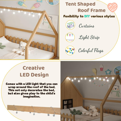 Full Size Floor Bed for Kids: Wood Montessori Bed with Fence & LED Light Full House Bed with Rails | Window Design for Girls Boys - Natural Mirightone