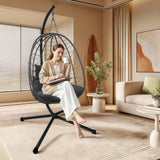 Hanging Egg Chair with Stand, Outdoor Patio Rattan Wicker Swing Egg Chair, Outdoor Indoor Hammock Chair for Porch, Living Room, Poolside and Balcony, 350LBS Capacity, Dark Grey XZHQHB