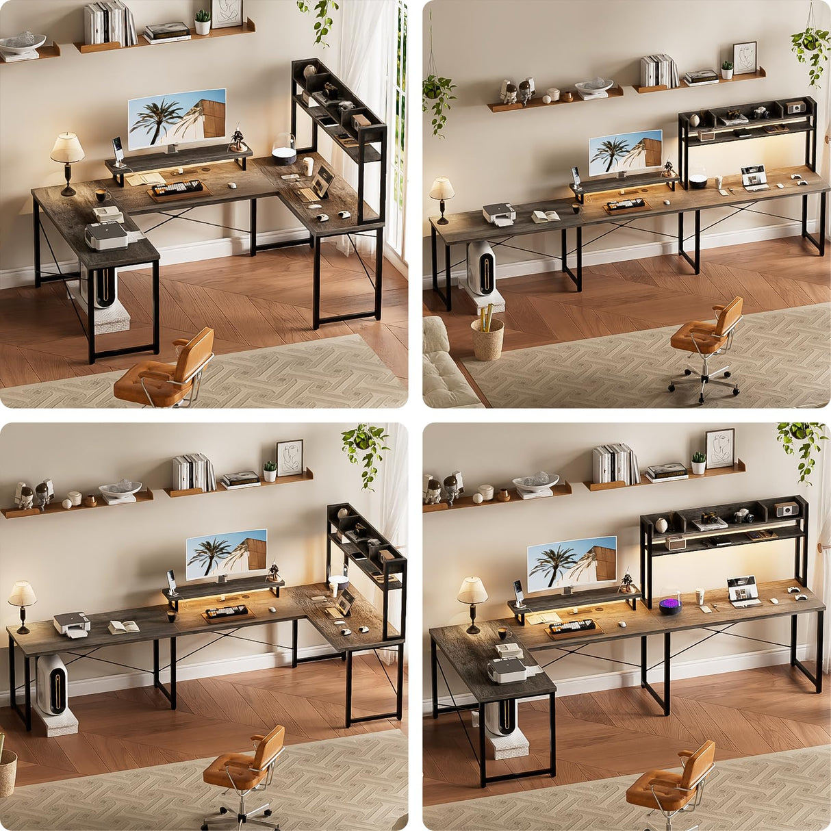 Unikito DIY U Shaped Computer Desk with Hutch, Reversible L Shaped Office Desk with Power Outlets and LED Strip, Customizable Large 98 Inch L Shape Gaming Corner Desk with Monitor Stand, Black Oak Unikito