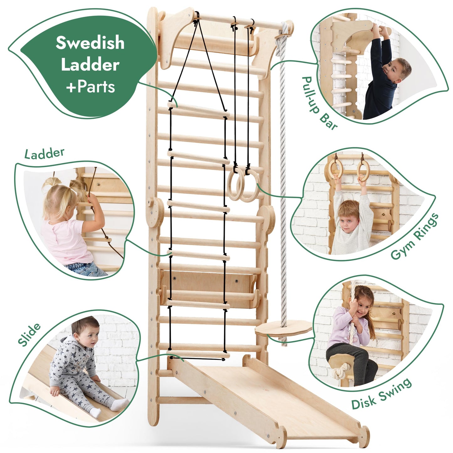 Goodevas Swedish Ladder Indoor Kids Gym - Montessori Play Gym Climbing Set - Wooden Indoor Playground Climbing Toys for Toddlers 1-3