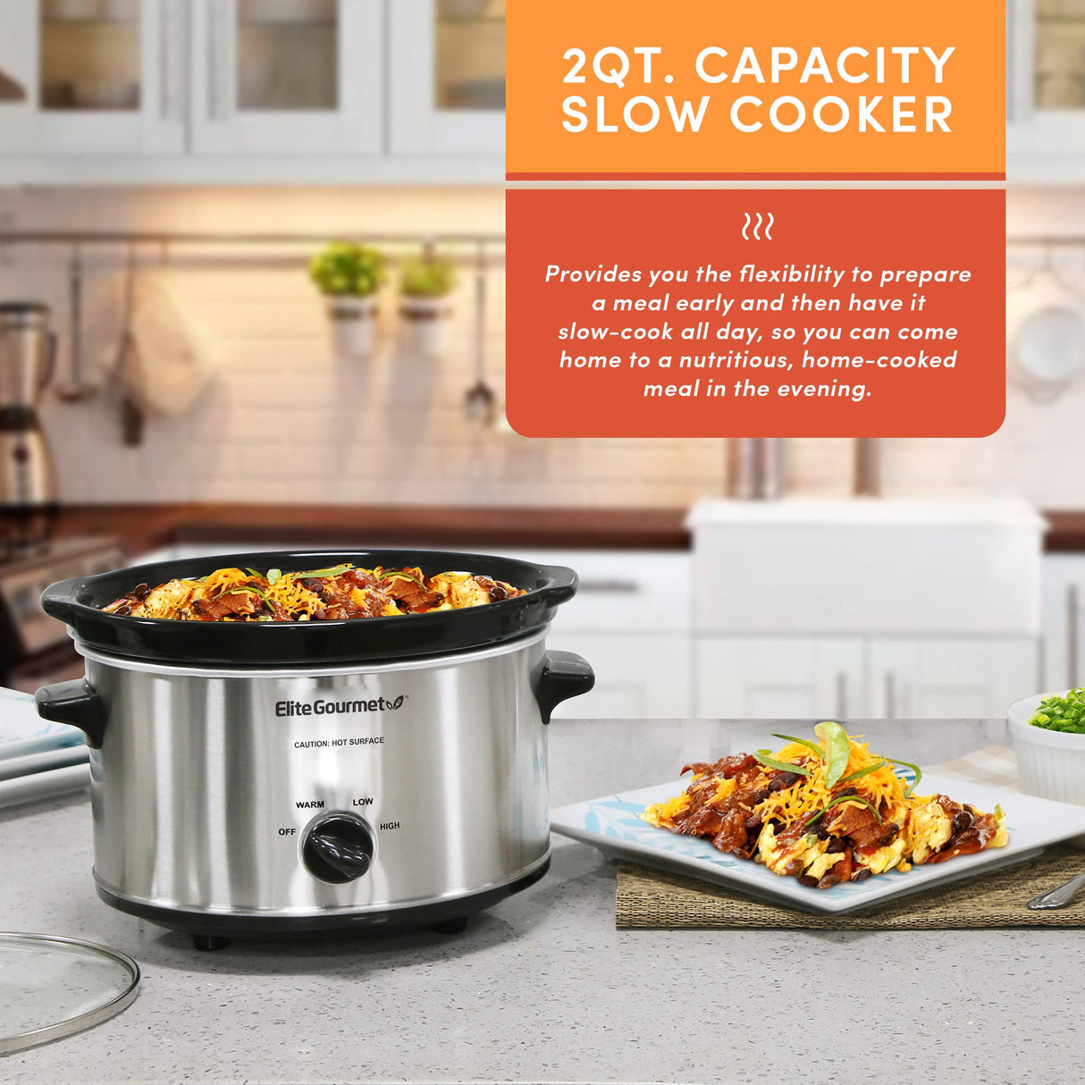 Elite Gourmet MST-275XS Electric Oval Slow Cooker, Adjustable Temp, Entrees, Sauces, Stews & Dips, Dishwasher Safe Glass Lid & Crock (2 Quart, Stainless Steel) Elite Gourmet