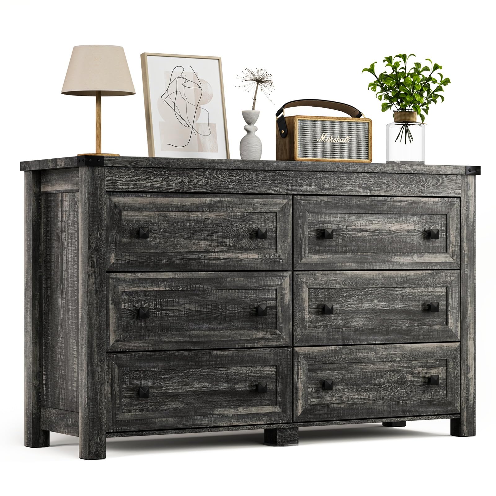 HUANLEGO Grey Dresser for Bedroom with 6 Drawers, Farmhouse Wood Dressers Bedroom Furniture 6 Chest of Drawers, Rustic Wide Storage Drawers Dressers Organizer for Closet, Living Room, Hallway - WoodArtSupply