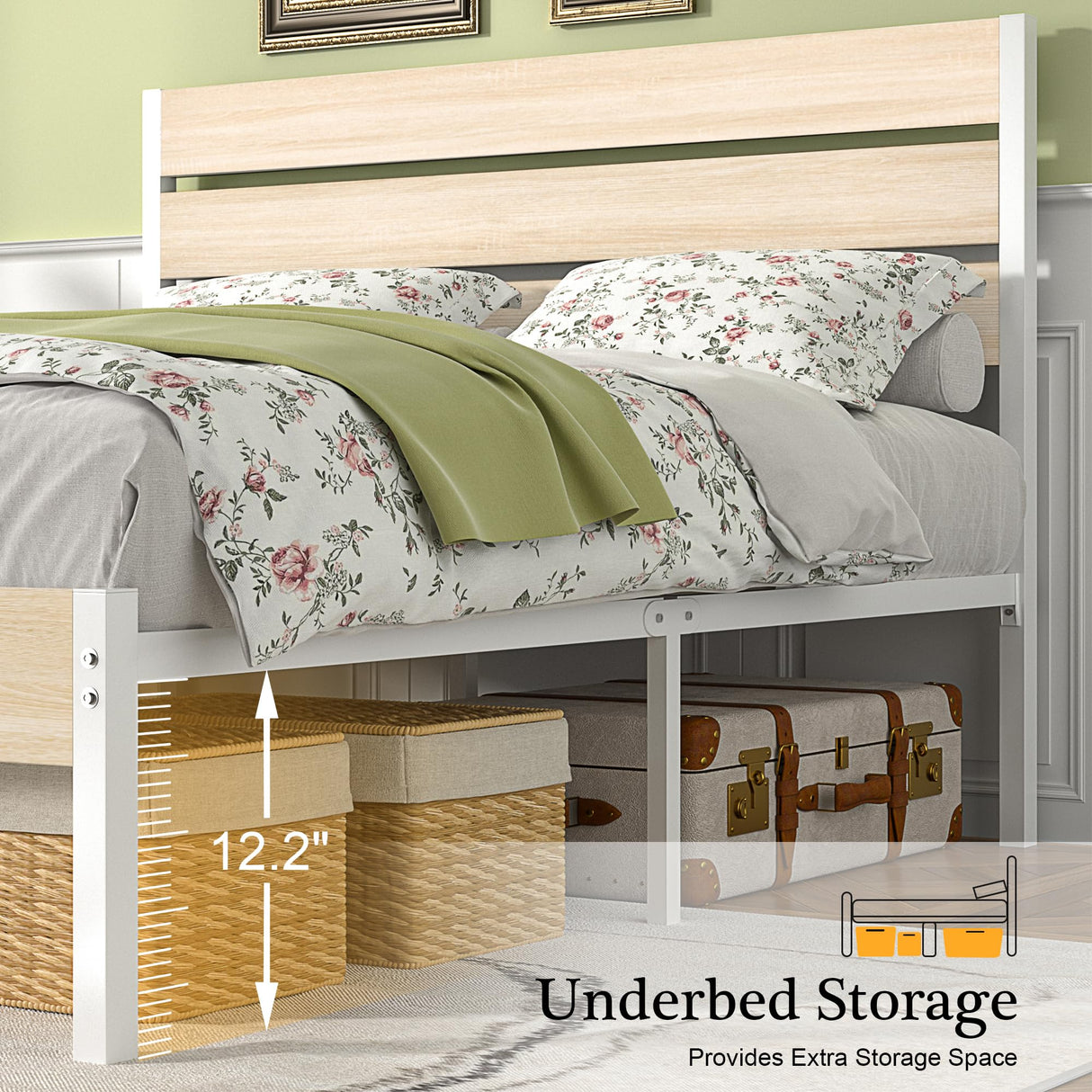 VECELO Full Bed Frame with Wooden Headboard and Footboard, Heavy-Duty Platform Frames with Metal Slats Support System, 12 inch Under-Bed Storage, No Box Spring Needed, Natural Maple VECELO