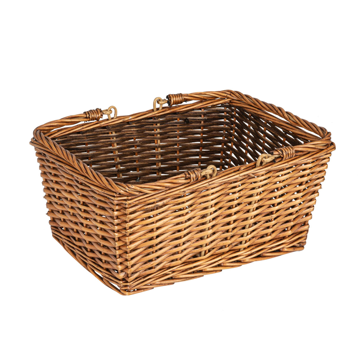 Household Essentials Woven Market Basket, Handwoven Willow Weave, Stylish Handles with Durable Metal Anchors, Classic and Versatile, Attractive, Spacious, Lightweight, Brown Stain Household Essentials