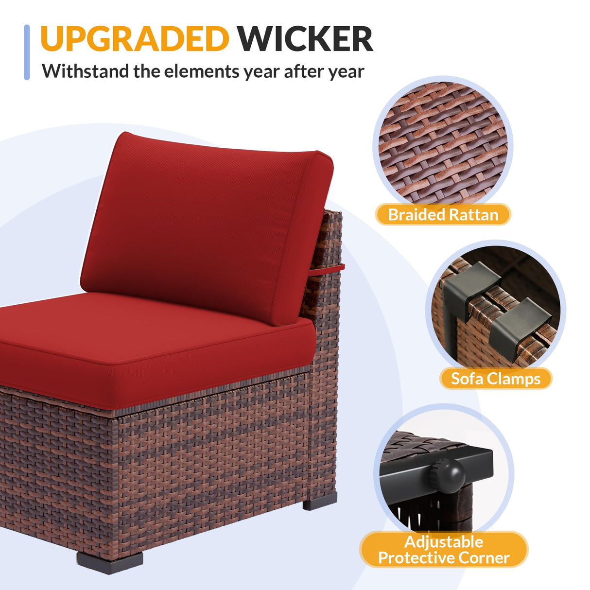 Poteban Patio Furniture Set, 7 Pieces Outdoor Modular Conversation Set Wicker Sectional Sofa for All Weather Rattan Patio Couch for Porch Garden Backyard Balcony Poolside (Red) Poteban