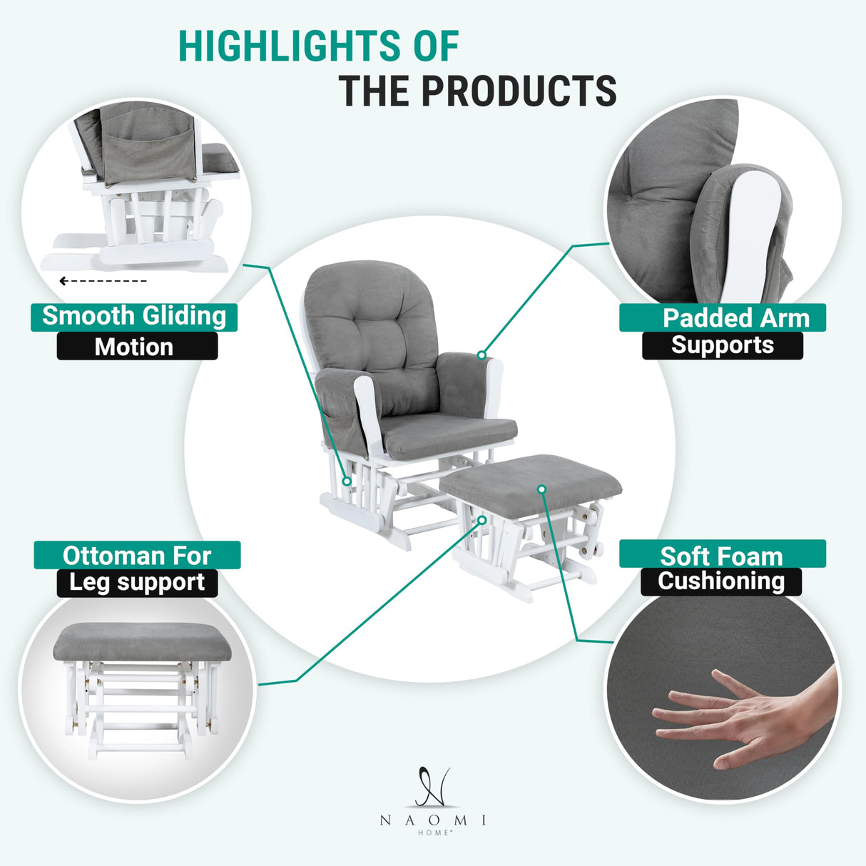 Naomi Home Nursery Glider Ottoman Sets Reclining Glider Rocker with Ottoman Nursery Rocking Breastfeeding Maternity Chair for Baby Room Recliner with Padded Arms - White Dark Gray Naomi Home