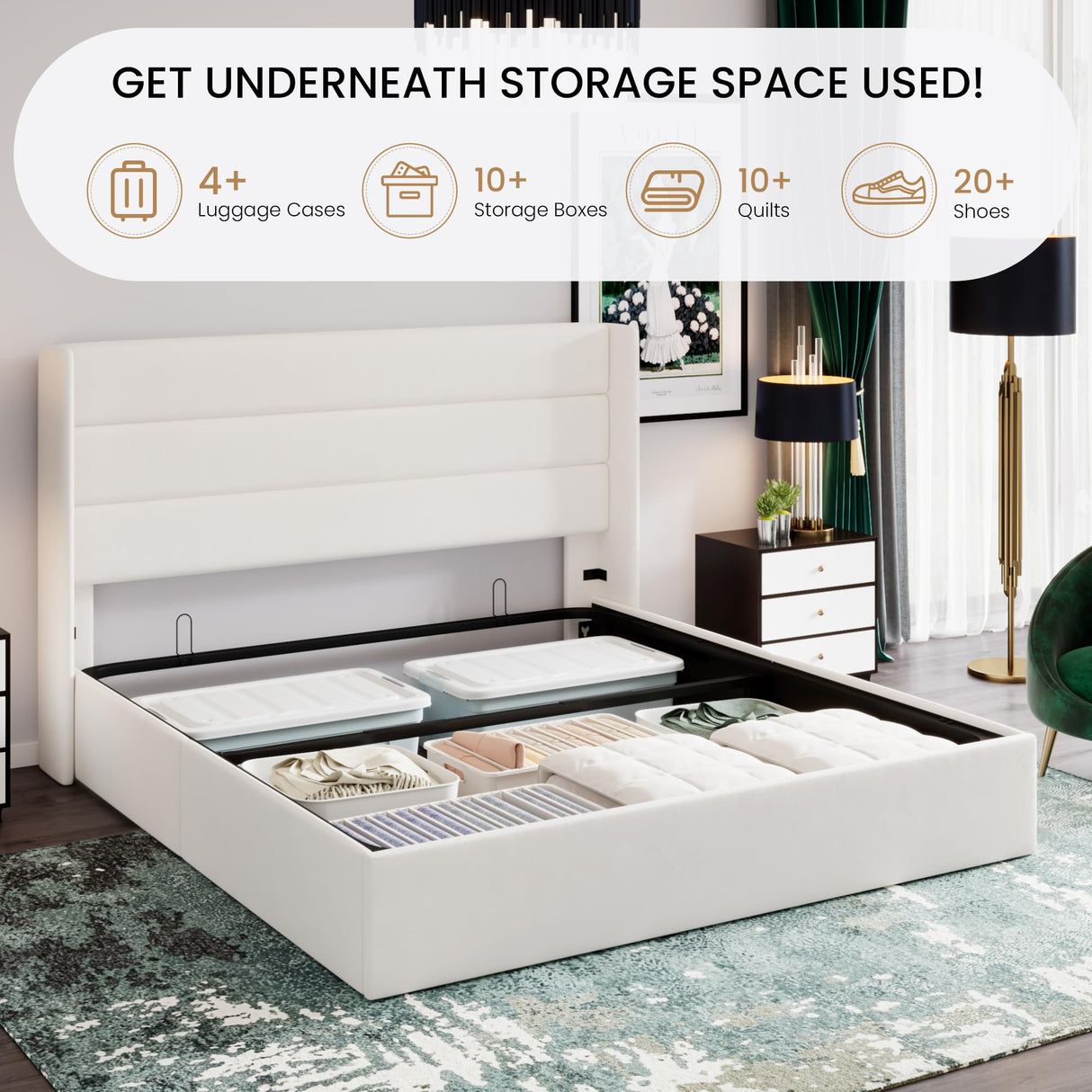 SHA CERLIN King Size Lift Up Storage Bed/Velvet Upholstered/Modern Wingback Headboard/Upholstered Platform Bed Frame/Hydraulic Storage/No Box Spring Needed/White SHA CERLIN