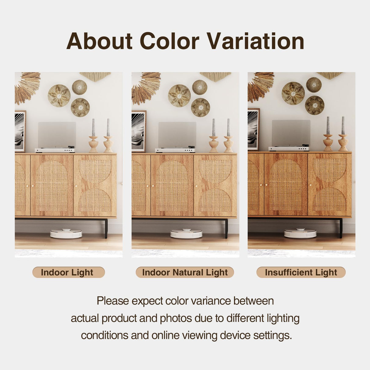 Rattan Sideboard Buffet Cabinet with Storage, Boho Farmhouse Wood Storage Cabinet with 3 Arched doors, Rattan Entryway Table Console Credenza TV Stand for Living Room, Dining Room, Kitchen, Hallway FiveWillowise