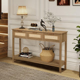 LAZZO Rattan Console Table Boho Entryway Table Narrow Long Sofa Table Hallway Foyer Table Behind Couch Table with 3 Drawers and Open Storage Shelf for Living Room and Corridor Brown LAZZO