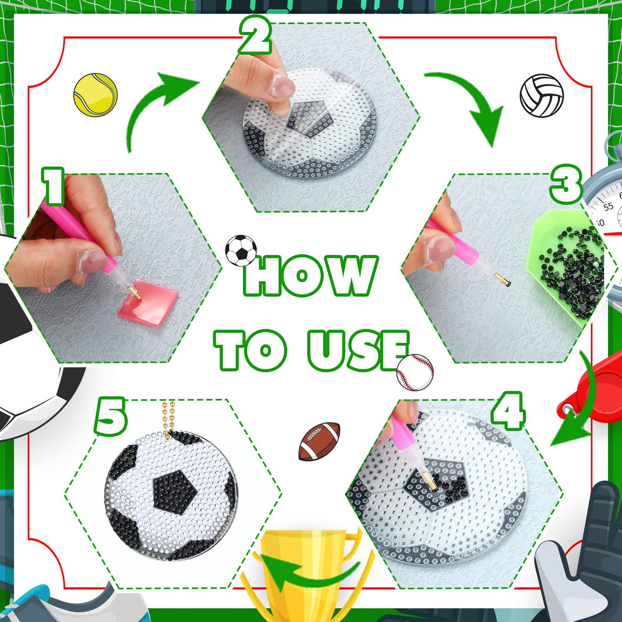 Tudomro 24 Pcs Balls DIY Diamond Art Painting Keychain Kits 5d Soccer Ball Football Drill Art Key Chain Set for Sports Tudomro