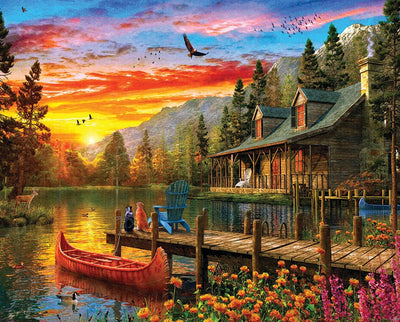 Springbok's Cabin Evening Sunset 2000 Piece Puzzle for Adults Featuring a Serene Illustration of a Cabin Getaway at Sunset
