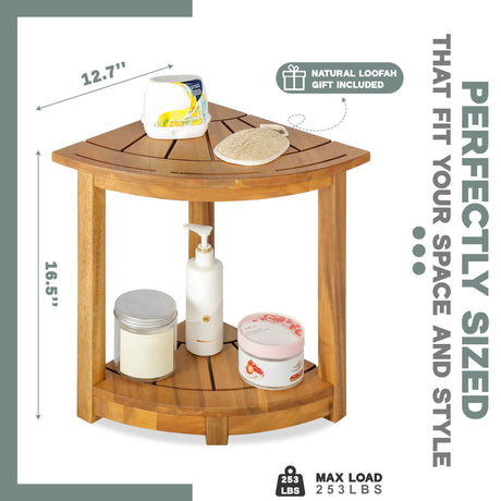 VICTORY RELAX Acacia Corner Shower Stool, Waterproof Spa Foot Rest & Bath Bench with Storage Shelf & Soap Dish, Ideal for Bathroom, Shaving Legs, or as Small Corner Table/Step Stool (Natural) VICTORY RELAX