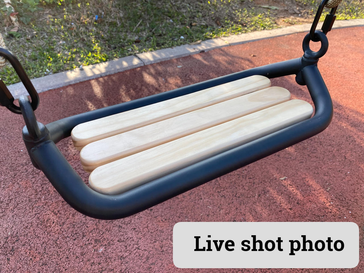 SELEWARE Hanging Wood Swing Seat Tree Swing for Kids, 100% Polyester Weather Proof Rope Heavy Duty Steel Tubing Structure Backyard Swing Set Replacement SELEWARE